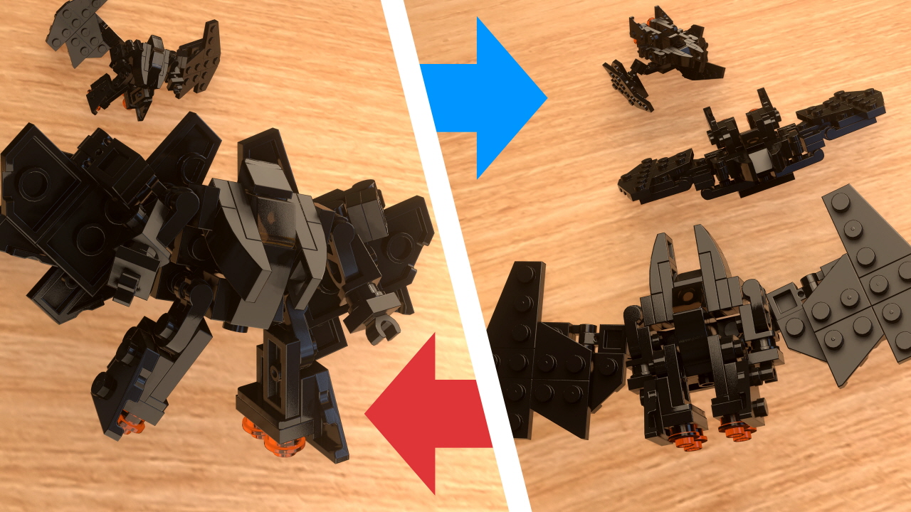 Micro LEGO brick fighter jet transformer mech - Batjet Machine (similar to Batwing)
 0 - transformation,transformer,LEGO transformer